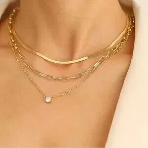 GOLD 14k Plated 3pc CZ Diamond Necklace Set